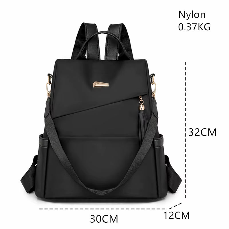 Fashion Tassel Decorative Women’S Nylon Anti-Theft Backpack Casual Travel Female Shoulder Bag Large Capacity Student School Pack