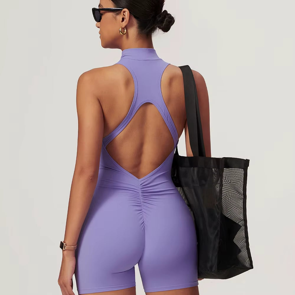 Sexy Hollow Backless Scrunch Butt Sport Jumpsuit Short Woman One Piece 